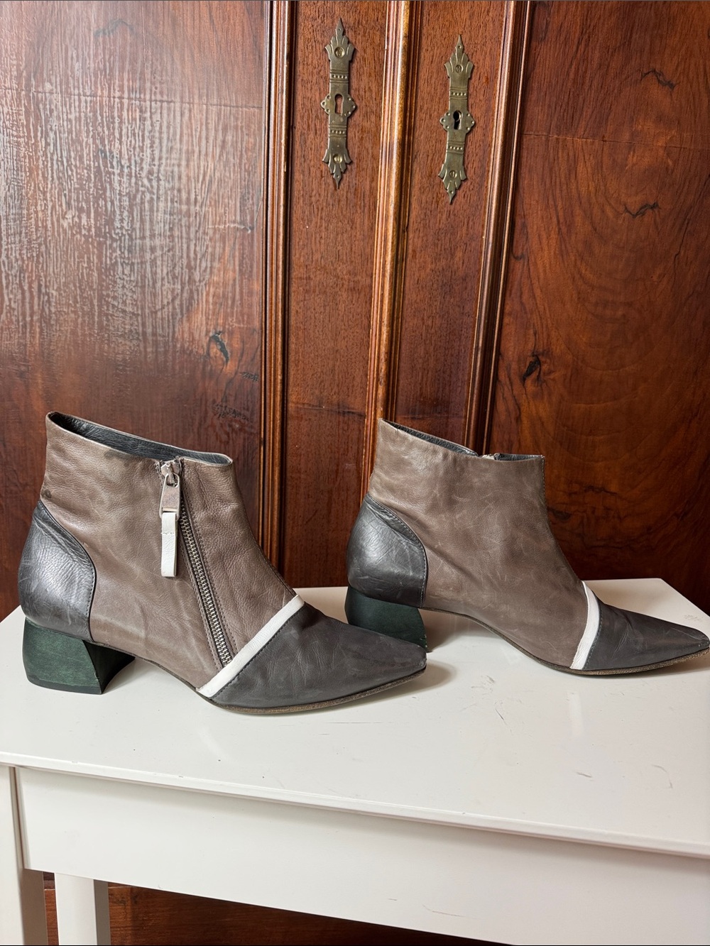 IXOS Italian Leather Multicolored Booties with Green Wooden Block Heel
